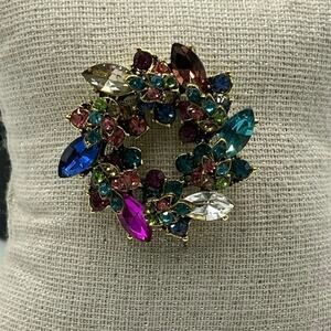 Womens Colorful Multicolor Rhinestone Floral Round Wreath Marquise Brooch Pin